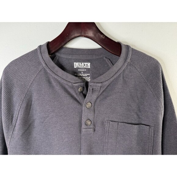 Duluth Trading Mens L Heavy Thermal Shirt Henley Relaxed Fit Waffle Knit Blue - Picture 2 of 7